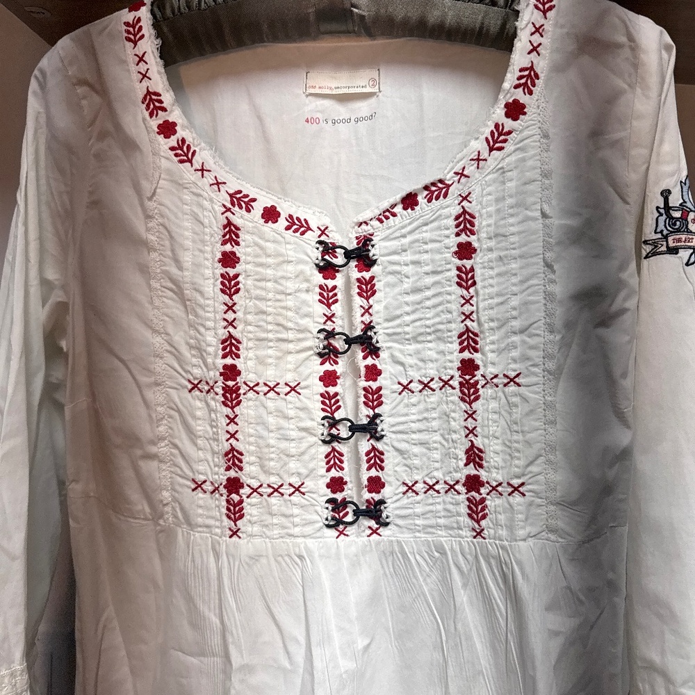 odd molly shirt/cover up. White with red, black and light blue embroidery